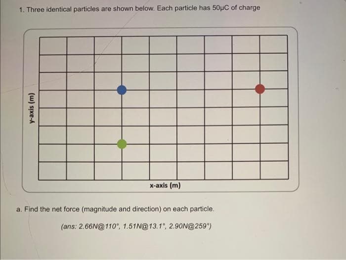 1. Three identical particles are shown below. Each particle has 50μC of charge
y-axis (m)
x-axis (m)
a. Find the net force (magnitude and direction) on each particle.
(ans: 2.66N@110°, 1.51N@13.1°, 2.90N@259°)