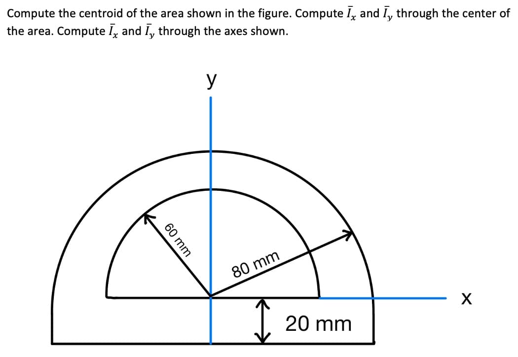 Compute the centroid of the area shown in the figure. Compute I, and I, through the center of
the area. Compute I, and I, through the axes shown.
y
80 mm
20 mm
60 mm
