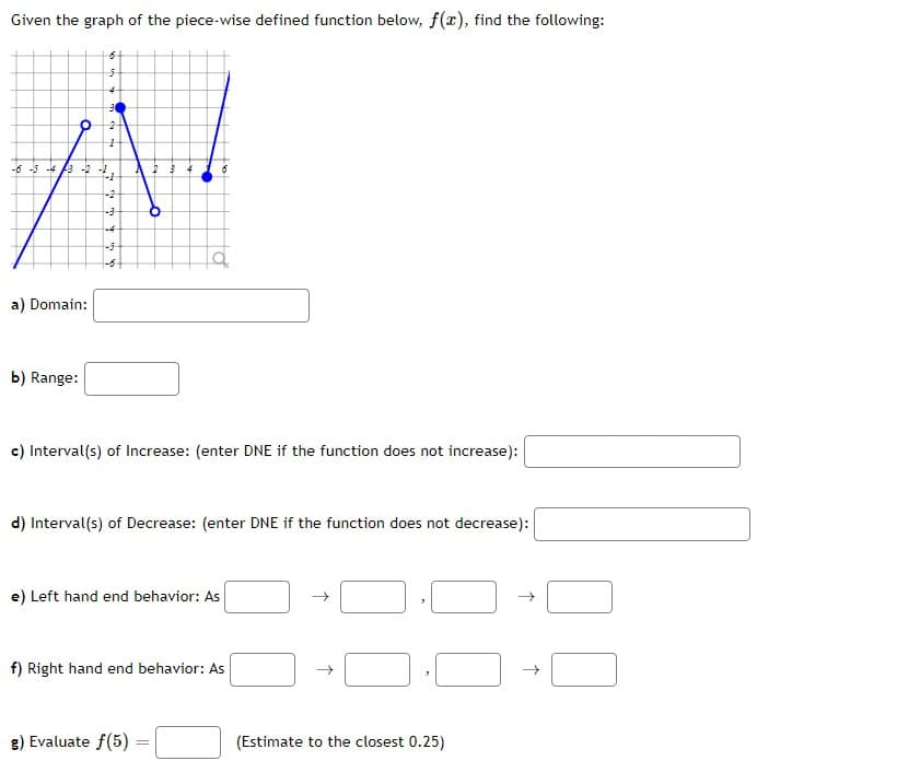 Given the graph of the piece-wise defined function below, f(x), find the following:
a) Domain:
6
5
4
-6-5-4-3-2-1-1
b) Range:
30
2
1
TFP 753
-3
-5-
c) Interval(s) of Increase: (enter DNE if the function does not increase):
4
d) Interval(s) of Decrease: (enter DNE if the function does not decrease):
e) Left hand end behavior: As
f) Right hand end behavior: As
g) Evaluate f(5)
=
↑
↑
(Estimate to the closest 0.25)
个
↑