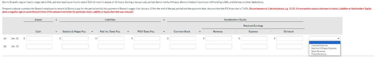 Bonny Strand's regular hourly wage rate is $16, and she receives an hourly rate of $24 for work in excess of 40 hours. During a January pay period, Bonny works 44 hours. Bonny's federal income tax withholding is $85, and she has no other deductions.
Prepare a tabular summary for Bonny's employer to record (a) Bonny's pay for the period and (b) the payment of Bonny's wages. Use January 15 for the end of the pay period and the payment date. Assume that the FICA tax rate is 7.65%. (Round answers to 2 decimal places, eg. 15.25. If a transaction causes a decrease in Assets, Liabilities or Stockholders' Equity,
place a negative sign (or parentheses) in front of the amount entered for the particular Asset, Liability or Equity Item that was reduced.)
(a)
(b)
Jan, 15 $
Jan. 15
Assets
Cash
=
$
Salaries & Wages Pay.
$
Liabilities
Fed. Inc. Taxes Pay.
$
FICA Taxes Pay.
$
Common Stock
✦
$
Revenue
Stockholders' Equity
-
$
Retained Earnings
Expense
$
Dividend
Interest Expense
Salaries & Wages Expense
Sales Revenue
Ticket Revenue