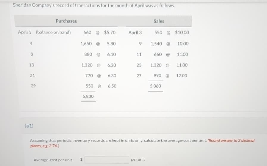 Sheridan Company's record of transactions for the month of April was as follows.
April 1 (balance on hand)
8
13
21
29
Purchases
(a1)
Average-cost per unit
660
1,650 @
880
1,320 @
$
770
550
5,830
$5.70
5.80
6.10
6.20
6.30
6.50
April 3
9
11
23
27
Sales
550 (@ $10.00
per unit
1,540 @
660 @ 11.00
1,320 @
10.00
5,060
Assuming that periodic inventory records are kept in units only, calculate the average-cost per unit. (Round answer to 2 decimal
places, eg. 2.76.)
11.00
990 @ 12.00