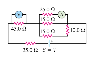 25.0 N
w(A
15.0 N
(V)
45.0 N
15.0 N
10.0 N
+
35.0 Ω ε?
