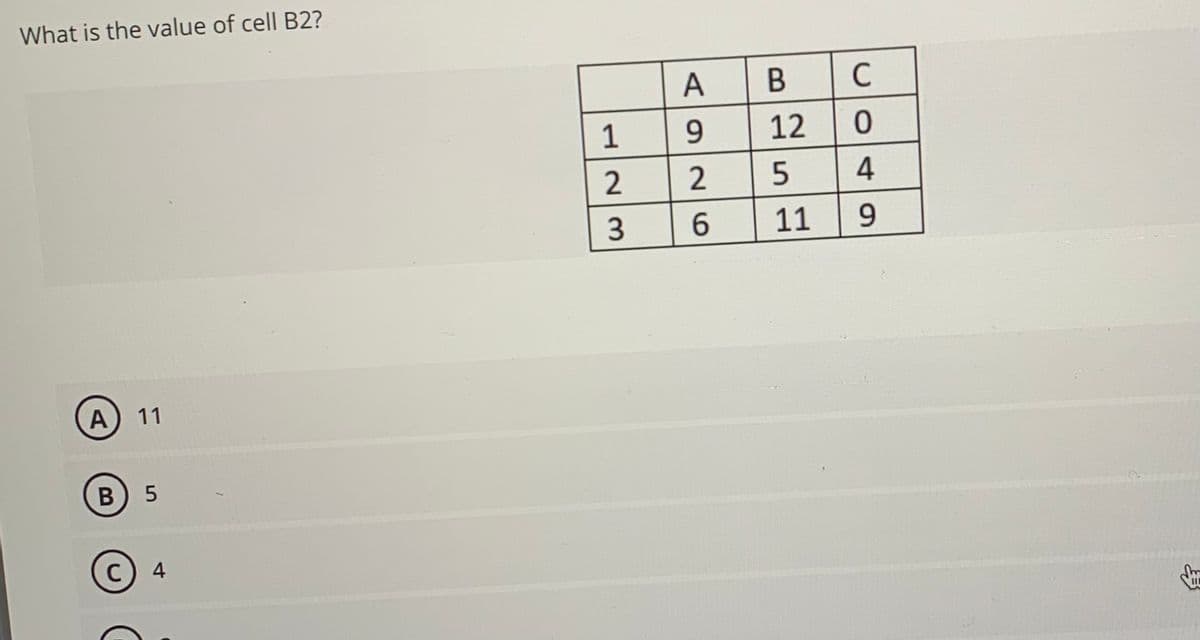 ### Understanding and Solving Table-based Questions

In this exercise, you are presented with a table and a multiple-choice question. Your task is to determine the correct value for a specified cell within the table.

#### Question:
**What is the value of cell B2?**

#### Table:
|   | A | B  | C  |
|---|---|----|----|
| 1 | 9 | 12 | 0  |
| 2 | 2 | 5  | 4  |
| 3 | 6 | 11 | 9  |

#### Multiple-choice Answers:
A. 11  
B. 5  
C. 4  
D. 9  

### Explanation:

The table is organized in a grid format, where letters identify columns and numbers identify rows. Each cell can be referenced by a combination of these letters and numbers. For example, cell B2 is located at the intersection of column B and row 2.

To find the value of cell B2, locate column B and follow it to row 2. The value where they intersect is the answer to the question.

In this case, the value of cell B2 is **5**.

Therefore, the correct answer is:

B. 5