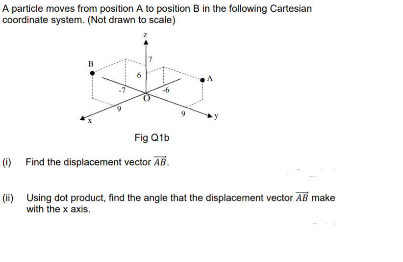 A particle moves from position A to position B in the following Cartesian
coordinate system. (Not drawn to scale)
7
A
-7
-6
6.
Fig Q1b
(i)
Find the displacement vector AB.
(ii) Using dot product, find the angle that the displacement vector AB make
with the x axis.
