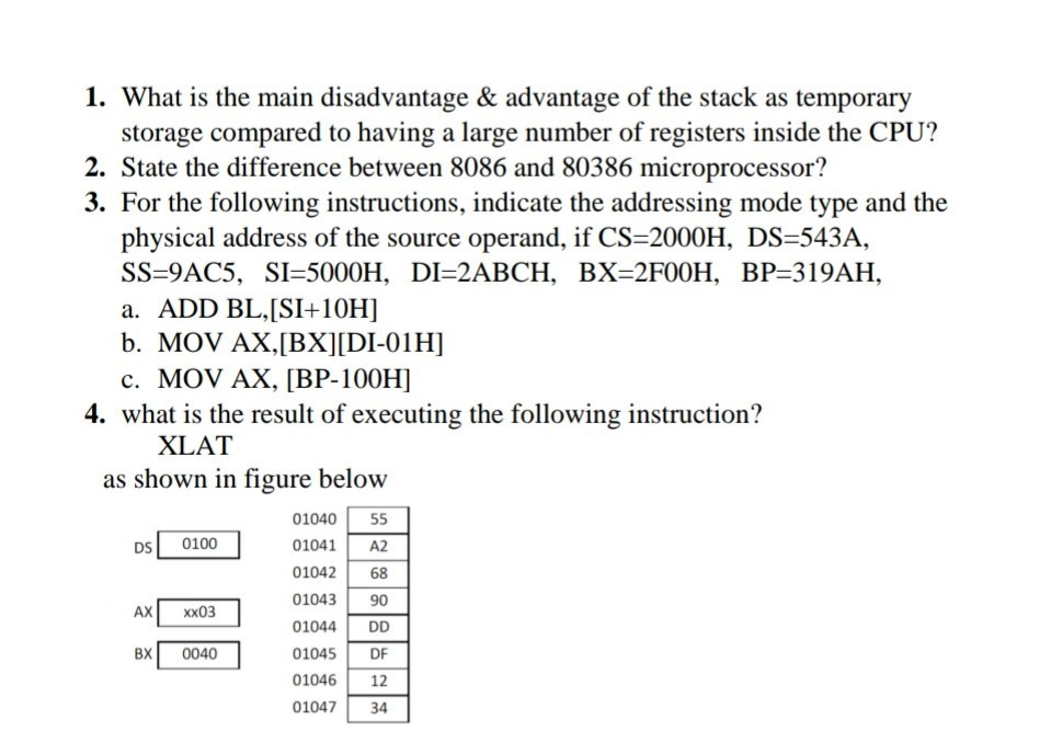 1. What is the main disadvantage & advantage of the stack as temporary
storage compared to having a large number of registers inside the CPU?
