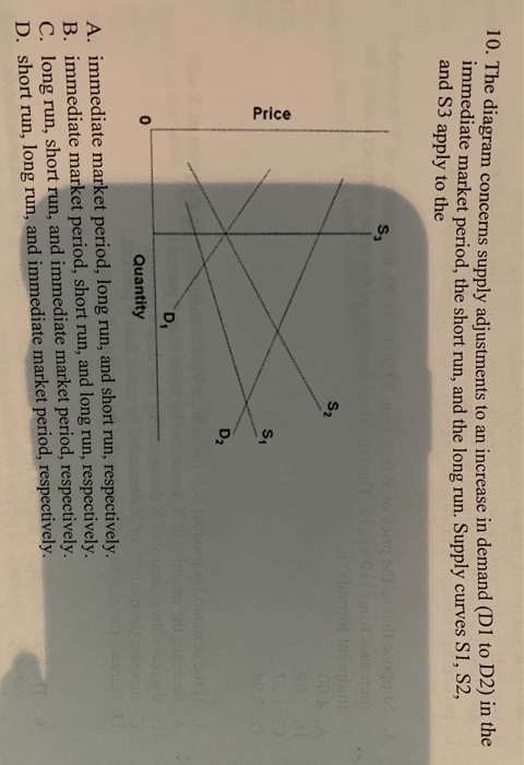 10. The diagram concerns supply adjustments to an increase in demand (D1 to D2) in the
immediate market period, the short run, and the long run. Supply curves S1, S2,
and S3 apply to the
Price
0
S₂
D₁
S₂
S₁
D₂
Quantity
A. immediate market period, long run, and short run, respectively.
B. immediate market period, short run, and long run, respectively.
C. long run, short run, and immediate market period, respectively.
D. short run, long run, and immediate market period, respectively.
EL