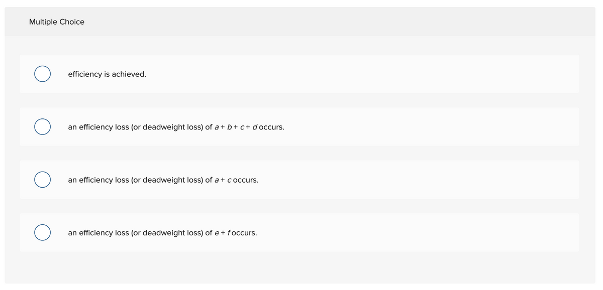 Multiple Choice
O
O
O
O
efficiency is achieved.
an efficiency loss (or deadweight loss) of a+ b + c+ d occurs.
an efficiency loss (or deadweight loss) of a + c occurs.
an efficiency loss (or deadweight loss) of e + foccurs.