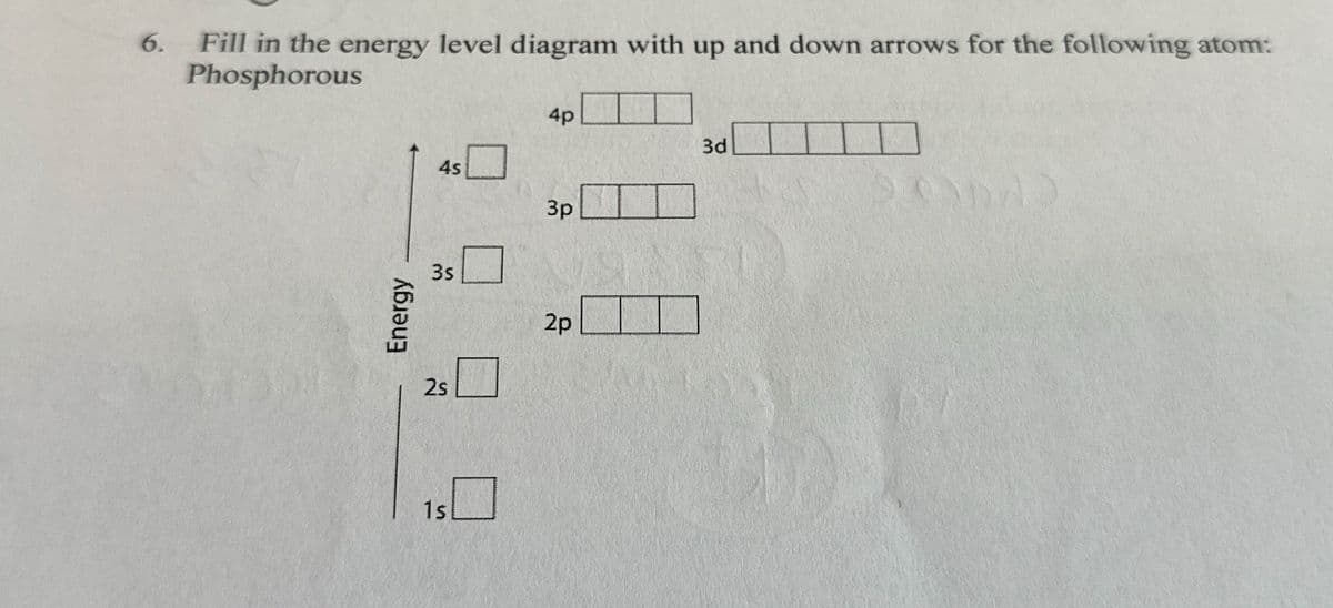 6.
Fill in the energy level diagram with up and down arrows for the following atom:
Phosphorous
Energy
4p
3d
4s
3p
3s
2p
2s
225
1s