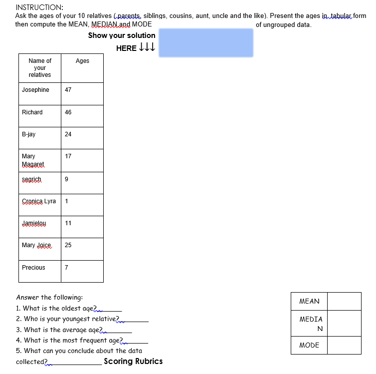 INSTRUCTION:
Ask the ages of your 10 relatives (parents, siblings, cousins, aunt, uncle and the like). Present the ages in tabular form
then compute the MEAN, MEDIAN and MODE
of ungrouped data.
Show your solution
HERE ↓↓↓↓
Name of
your
relatives
Josephine 47
Richard
46
B-jay
24
17
Mary
Magaret
segrich
9
Cronica Lyra 1
Jamielou
11
Mary Joice
25
Precious
7
Answer the following:
1. What is the oldest age?
2. Who is your youngest relative?
3. What is the average age?
4. What is the most frequent age?
5. What can you conclude about the data
collected?
Ages
Scoring Rubrics
MEAN
MEDIA
N
MODE