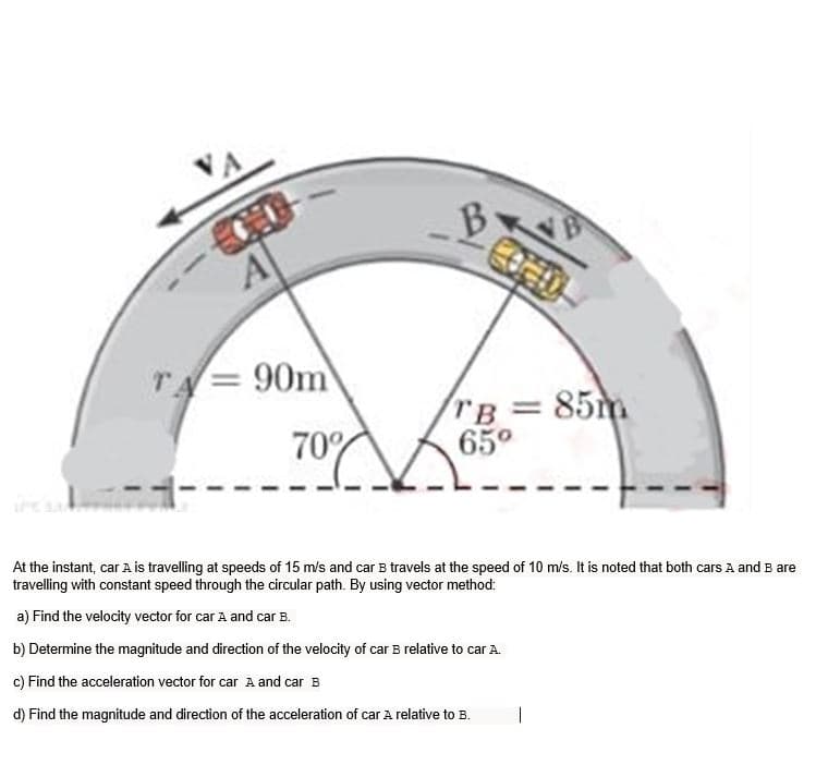 B
r= 90m
TB 85m
65°
70%
At the instant, car A is travelling at speeds of 15 m/s and car B travels at the speed of 10 m/s. It is noted that both cars A and B are
travelling with constant speed through the circular path. By using vector method:
a) Find the velocity vector for car A and car B.
b) Determine the magnitude and direction of the velocity of car B relative to car A.
c) Find the acceleration vector for car A and car B
d) Find the magnitude and direction of the acceleration of car A relative to B.
