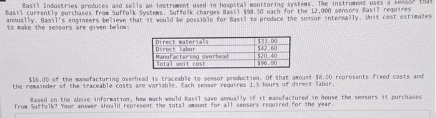 Basil Industries produces and sells an instrument used in hospital monitoring systems. The instrument uses a sensor the
Basil currently purchases from Suffolk Systems. Suffolk charges Basil $98.50 each for the 12,000 sensors Basil requires
annually. Basil's engineers believe that it would be possible for Basil to produce the sensor internally. Unit cost estimates
to make the sensors are given below:
Direct materials
Direct labor
Manufacturing overhead
Total unit cost
$33.00
$42.60
$20.40
$96.00
$16.00 of the manufacturing overhead is traceable to sensor production. Of that amount $8.00 represents fixed costs and
the remainder of the traceable costs are variable. Each sensor requires 1.5 hours of direct labor..
Based on the above information, how much would Basil save annually if it manufactured in house the sensors it purchases.
from Suffolk? Your answer should represent the total amount for all sensors required for the year.