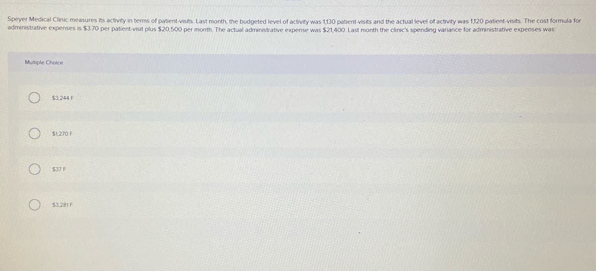 Speyer Medical Clinic measures its activity in terms of patient-visits. Last month, the budgeted level of activity was 1,130 patient-visits and the actual level of activity was 1,120 patient-visits. The cost formula for
administrative expenses is $3.70 per patient-visit plus $20,500 per month. The actual administrative expense was $21,400. Last month the clinic's spending variance for administrative expenses was:
Multiple Choice
$3,244 F
$1,270 F
$37 F
$3,281 F
