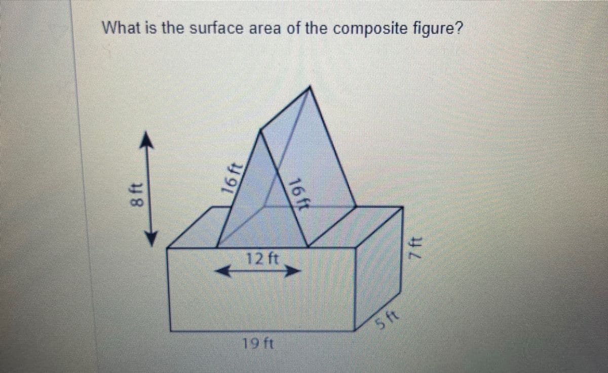 What is the surface area of the composite figure?
12 ft
19ft
5 ft
8 ft
16 ft
16 ft
