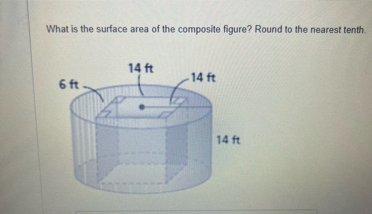 What is the surface area of the composite figure? Round to the nearest tenth.
14 ft
14 ft
6 ft
14 ft
