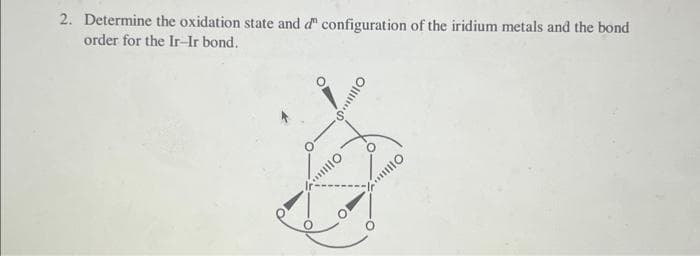 2. Determine the oxidation state and d configuration of the iridium metals and the bond
order for the Ir-Ir bond.
Oll
Olll.
Olli