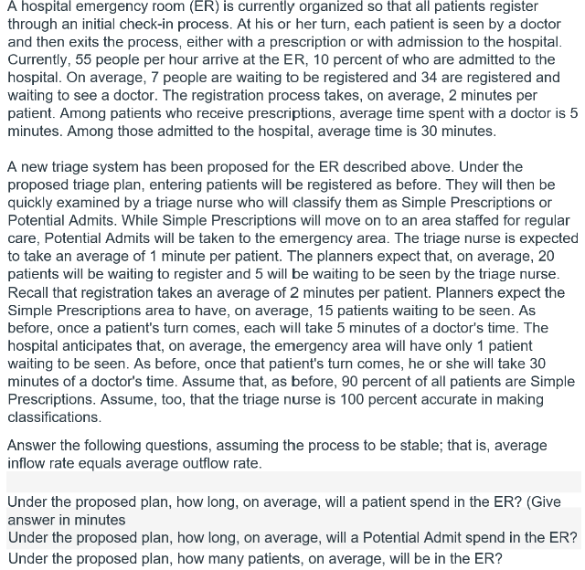 A hospital emergency room (ER) is currently organized so that all patients register
through an initial check-in process. At his or her turn, each patient is seen by a doctor
and then exits the process, either with a prescription or with admission to the hospital.
Currently, 55 people per hour arrive at the ER, 10 percent of who are admitted to the
hospital. On average, 7 people are waiting to be registered and 34 are registered and
waiting to see a doctor. The registration process takes, on average, 2 minutes per
patient. Among patients who receive prescriptions, average time spent with a doctor is 5
minutes. Among those admitted to the hospital, average time is 30 minutes.
A new triage system has been proposed for the ER described above. Under the
proposed triage plan, entering patients will be registered as before. They will then be
quickly examined by a triage nurse who will classify them as Simple Prescriptions or
Potential Admits. While Simple Prescriptions will move on to an area staffed for regular
care, Potential Admits will be taken to the emergency area. The triage nurse is expected
to take an average of 1 minute per patient. The planners expect that, on average, 20
patients will be waiting to register and 5 will be waiting to be seen by the triage nurse.
Recall that registration takes an average of 2 minutes per patient. Planners expect the
Simple Prescriptions area to have, on average, 15 patients waiting to be seen. As
before, once a patient's turn comes, each will take 5 minutes of a doctor's time. The
hospital anticipates that, on average, the emergency area will have only 1 patient
waiting to be seen. As before, once that patient's turn comes, he or she will take 30
minutes of a doctor's time. Assume that, as before, 90 percent of all patients are Simple
Prescriptions. Assume, too, that the triage nurse is 100 percent accurate in making
classifications.
Answer the following questions, assuming the process to be stable; that is, average
inflow rate equals average outflow rate.
Under the proposed plan, how long, on average, will a patient spend in the ER? (Give
answer in minutes
Under the proposed plan, how long, on average, will a Potential Admit spend in the ER?
Under the proposed plan, how many patients, on average, will be in the ER?
