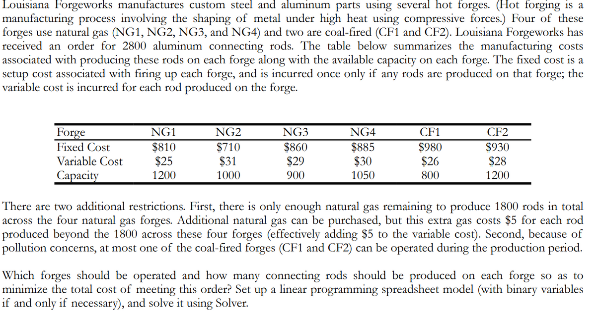 Louisiana Forgeworks manufactures custom steel and aluminum parts using several hot forges. (Hot forging is a
manufacturing process involving the shaping of metal under high heat using compressive forces.) Four of these
forges use natural gas (NG1, NG2, NG3, and NG4) and two are coal-fired (CF1 and CF2). Louisiana Forgeworks has
received an order for 2800 aluminum connecting rods. The table below summarizes the manufacturing costs
associated with producing these rods on each forge along with the available capacity on each forge. The fixed cost is a
setup cost associated with firing up each forge, and is incurred once only if any rods are produced on that forge; the
variable cost is incurred for each rod produced on the forge.
NG1
NG2
NG3
NG4
CF1
CF2
Forge
Fixed Cost
$810
$25
$710
$31
$860
$29
$885
$30
$980
$26
$930
$28
Variable Cost
Сараcity
1200
1000
900
1050
800
1200
There are two additional restrictions. First, there is only enough natural gas remaining to produce 1800 rods in total
across the four natural gas forges. Additional natural gas can be purchased, but this extra gas costs $5 for each rod
produced beyond the 1800 across these four forges (effectively adding $5 to the variable cost). Second, because of
pollution concerns, at most one of the coal-fired forges (CF1 and CF2) can be operated during the production period.
Which forges should be operated and how many connecting rods should be produced on each forge so as to
minimize the total cost of meeting this order? Set up a linear programming spreadsheet model (with binary variables
if and only if necessary), and solve it using Solver.

