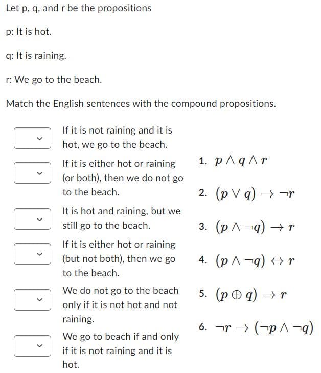 Let p, q, and r be the propositions
p: It is hot.
q: It is raining.
r: We go to the beach.
Match the English sentences with the compound propositions.
>
If it is not raining and it is
hot, we go to the beach.
If it is either hot or raining
(or both), then we do not go
to the beach.
It is hot and raining, but we
still go to the beach.
If it is either hot or raining
(but not both), then we go
to the beach.
We do not go to the beach
only if it is not hot and not
raining.
We go to beach if and only
if it is not raining and it is
hot.
1. p^q^r
2. (pVq) →→
3. (p^¬q) → r
4. (p^¬q) → r
5. (pq) →r
6. ¬→ (p^¬q)