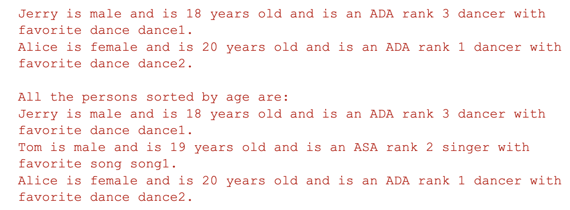 Jerry is male and is 18 years old and is an ADA rank 3 dancer with
favorite dance dancel.
Alice is female and is 20 years old and is an ADA rank 1 dancer with
favorite dance dance2.
All the persons sorted by age are:
Jerry is male and is 18 years old and is an ADA rank 3 dancer with
favorite dance dancel.
Tom is male and is 19 years old and is an ASA rank 2 singer with
favorite song song1.
Alice is female and is 20 years old and is an ADA rank 1 dancer with
favorite dance dance2.