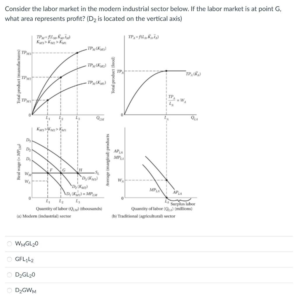 Consider the labor market in the modern industrial sector below. If the labor market is at point G,
what area represents profit? (D2 is located on the vertical axis)
KM3> K82 > Km1
. TPM (Km3)
TPM3
TPM(Km2)
ТР
TP, \Ka)
TPM2
TP¾ (Km)
TPMI
TPA
= WA
LA
QuA
L
QLM
KM3 >K2> KM.
D3
D2
APLA
MPLA
D
F
WM
`D, (Ky3)
W.
WA
`Dz(Km2)
\D, (KM1) = MPLM
MPLA
APLA
L2
LA
Surplus labor
Quantity of labor (Qu) (millions)
Quantity of labor (QL) (thousands)
(b) Traditional (agricultural) sector
(a) Modern (industrial) sector
O WMGL20
GFL,L2
O D2GL20
O D2GWM
