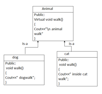 Animal
Public:
Virtual void walk()
{
Cout<<"\n animal
walk"
}
Is-a
is-a
cat
dog
Public:
Public:
void walk()
void walk()
{
{
Cout<<" dogwalk";
Cout<<" inside cat
walk";
}
