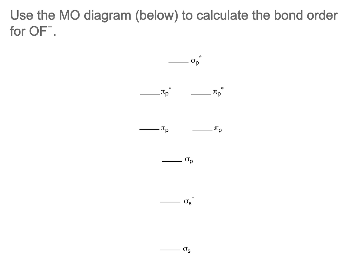 Use the MO diagram (below) to calculate the bond order
for OF™.
Jup
. Пр
Op
Op
*
Os
. Пр