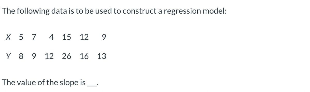 The following data is to be used to construct a regression model:
X 5 7
4 15 12 9
Y 8 9 12 26 16 13
The value of the slope is