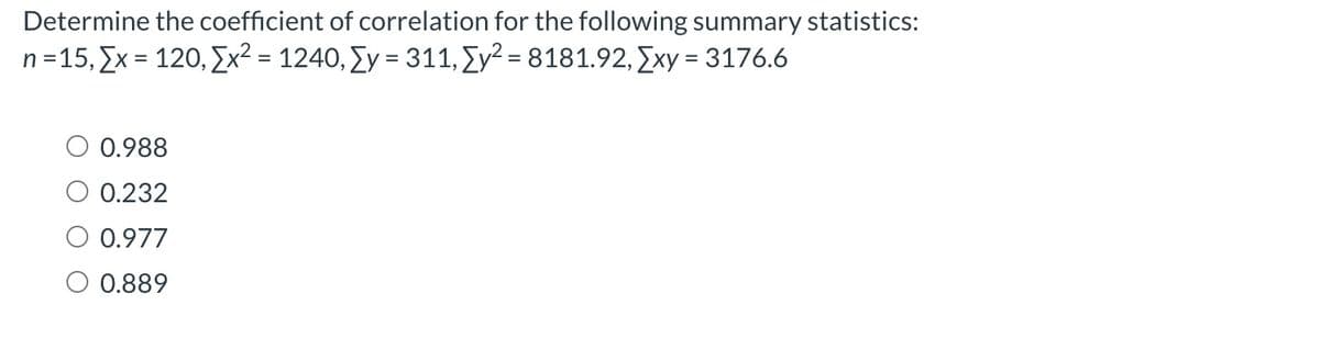 Determine the coefficient of correlation for the following summary statistics:
n=15, [x = 120, [x² = 1240, y = 311, [y² = 8181.92, [xy = 3176.6
O 0.988
O 0.232
O 0.977
0.889