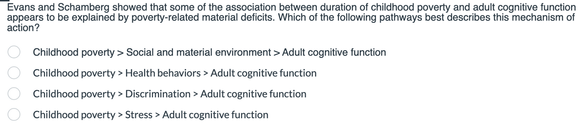 Evans and Schamberg showed that some of the association between duration of childhood poverty and adult cognitive function
appears to be explained by poverty-related material deficits. Which of the following pathways best describes this mechanism of
action?
Childhood poverty > Social and material environment > Adult cognitive function
Childhood poverty > Health behaviors > Adult cognitive function
Childhood poverty > Discrimination > Adult cognitive function
Childhood poverty > Stress > Adult cognitive function