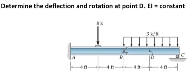 Determine the deflection and rotation at point D. El = constant
8k
3 k/ft
|A
B|
-4 ft-
- 4 t
4 ft
