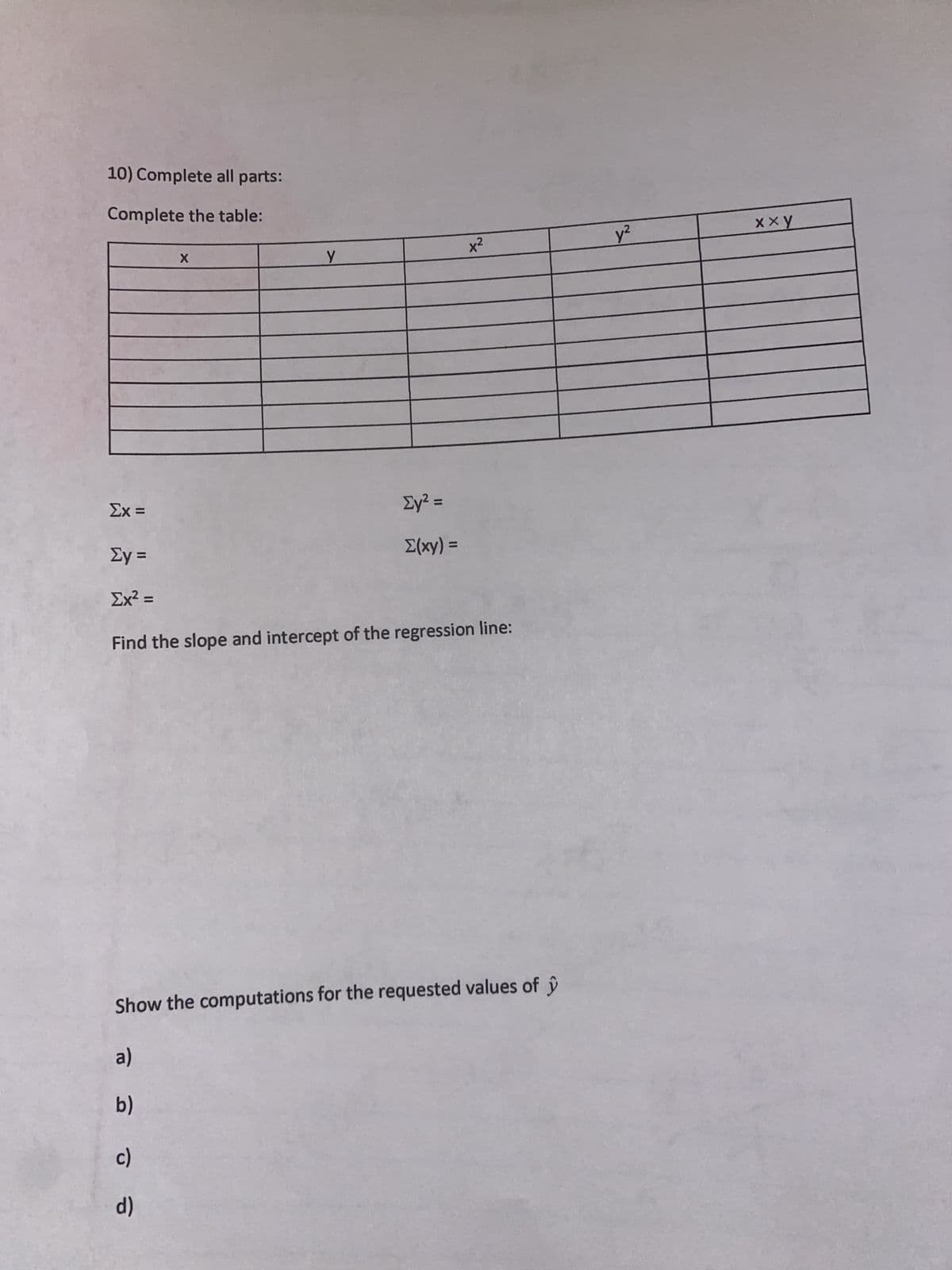 10) Complete all parts:
Complete the table:
Ex =
Σy =
Ex² =
X
у
a)
b)
c)
d)
Σy =
Σ(xy) =
x²
Find the slope and intercept of the regression line:
Show the computations for the requested values of y
y²
хху