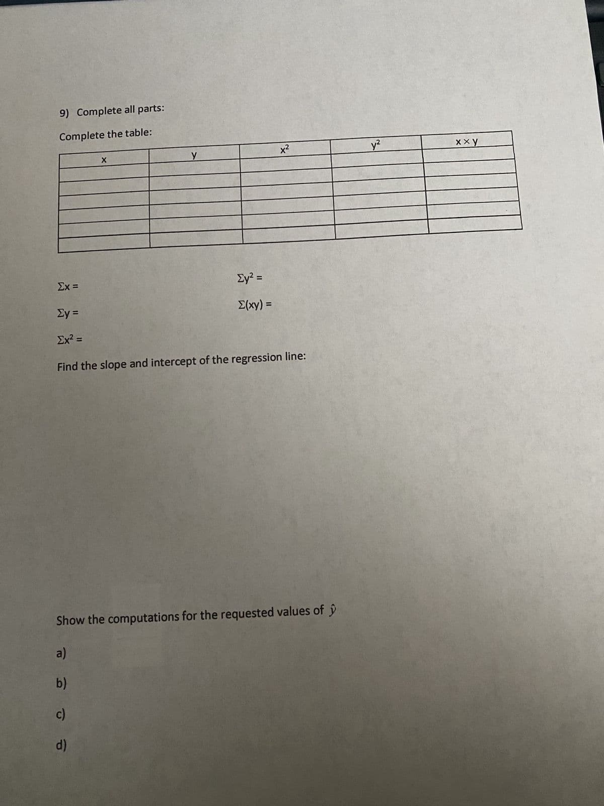 9) Complete all parts:
Complete the table:
Ex=
Ey=
Ex=
X
Y
이이이
Ey² =
∑(xy) =
x2
Find the slope and intercept of the regression line:
Show the computations for the requested values of y
a)
y2
xxy