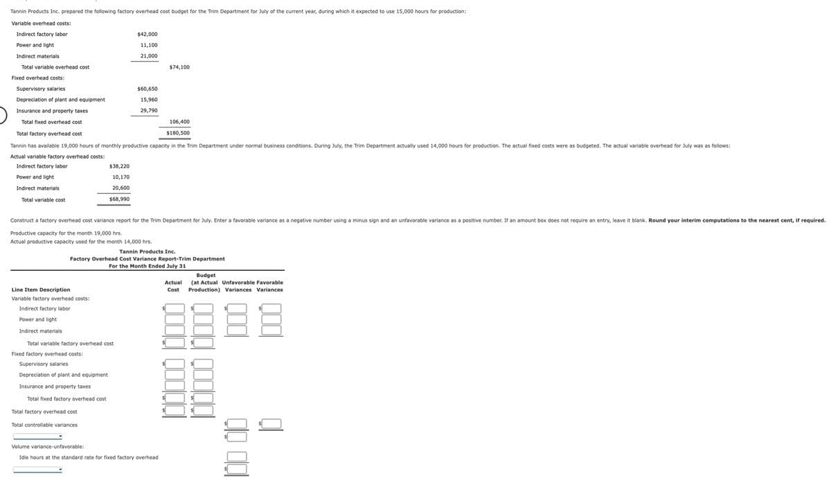 Tannin Products Inc. prepared the following factory overhead cost budget for the Trim Department for July of the current year, during which it expected to use 15,000 hours for production:
Variable overhead costs:
Indirect factory labor
Power and light
$42,000
11,100
Indirect materials
21,000
Total variable overhead cost
$74,100
Fixed overhead costs:
Supervisory salaries
$60,650
Depreciation of plant and equipment
15,960
Insurance and property taxes
29,790
106,400
$180,500
Total fixed overhead cost
Total factory overhead cost
Tannin has available 19,000 hours of monthly productive capacity in the Trim Department under normal business conditions. During July, the Trim Department actually used 14,000 hours for production. The actual fixed costs were as budgeted. The actual variable overhead for July was as follows:
Actual variable factory overhead costs:
Indirect factory labor
Power and light
Indirect materials
Total variable cost
$38,220
10,170
20,600
$68,990
Construct a factory overhead cost variance report for the Trim Department for July. Enter a favorable variance as a negative number using a minus sign and an unfavorable variance as a positive number. If an amount box does not require an entry, leave it blank. Round your interim computations to the nearest cent, if required.
Productive capacity for the month 19,000 hrs.
Actual productive capacity used for the month 14,000 hrs.
Tannin Products Inc.
Factory Overhead Cost Variance Report-Trim Department
Line Item Description
Variable factory overhead costs:
Indirect factory labor
Power and light
For the Month Ended July 31
Budget
Actual
Cost
(at Actual Unfavorable Favorable
Production) Variances Variances
Indirect materials
Total variable factory overhead cost
Fixed factory overhead costs:
Supervisory salaries
Depreciation of plant and equipment
Insurance and property taxes
Total fixed factory overhead cost
Total factory overhead cost
Total controllable variances
Volume variance-unfavorable:
Idle hours at the standard rate for fixed factory overhead