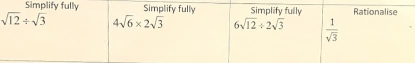 Simplify fully
√12+√√3
Simplify fully
4√6x2√3
Simplify fully
6√12+2√3
م الله
√3
Rationalise