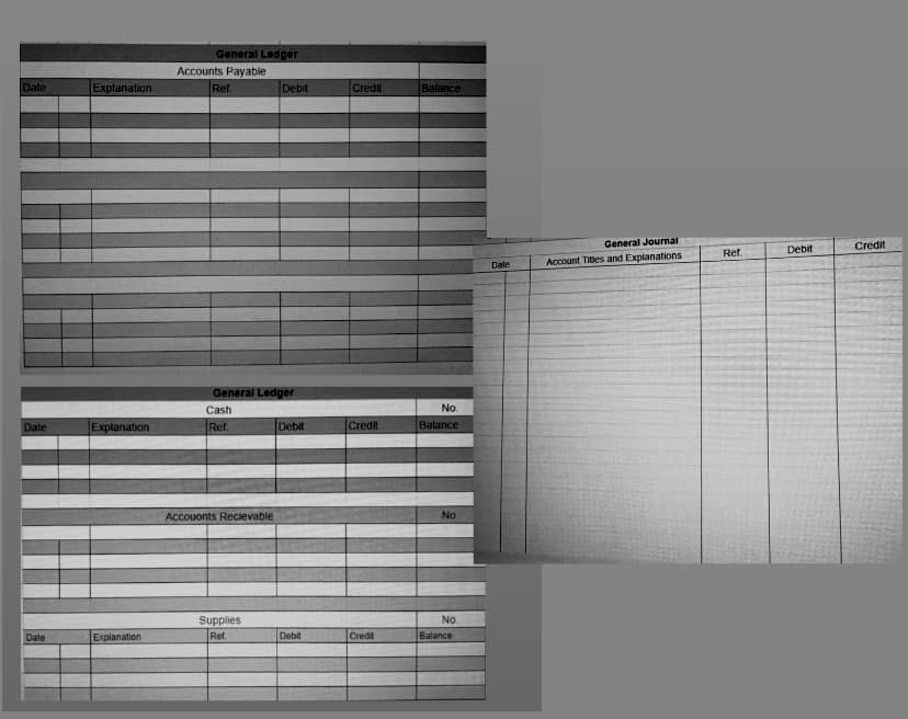 Date
Date
Date
Explanation
Explanation
Explanation
General Ledger
Accounts Payable
Ref.
General Ledger
Cash
Ref.
Accouonts Recievable
Debit
Supplies
Ref.
Debit
Debit
Credit
Credit
Credit
Balance
No.
Balance
No.
No.
Balance
Date
General Journal
Account Titles and Explanations
Ref.
Debit
Credit