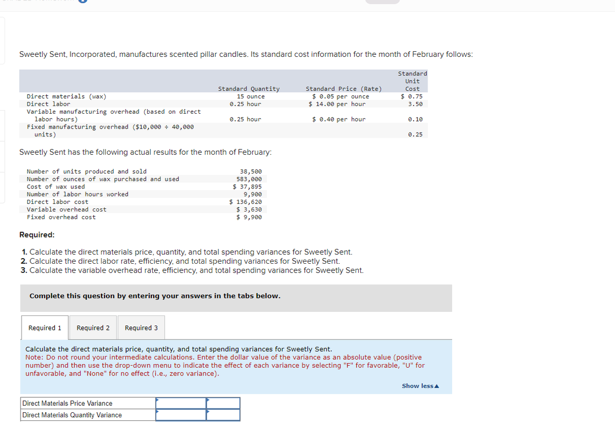 Sweetly Sent, Incorporated, manufactures scented pillar candles. Its standard cost information for the month of February follows:
Standard
Unit
Cost
$0.75
3.50
Direct materials (wax)
Direct labor
Variable manufacturing overhead (based on direct
labor hours)
Fixed manufacturing overhead ($10,000 ÷ 40,000
units)
Number of labor hours worked
Direct labor cost
Variable overhead cost
Fixed overhead cost
Sweetly Sent has the following actual results for the month of February:
Number of units produced and sold
Number of ounces of wax purchased and used
Cost of wax used
Standard Quantity
15 ounce
Required 1
0.25 hour
Required 2 Required 3
0.25 hour
Required:
1. Calculate the direct materials price, quantity, and total spending variances for Sweetly Sent.
2. Calculate the direct labor rate, efficiency, and total spending variances for Sweetly Sent.
3. Calculate the variable overhead rate, efficiency, and total spending variances for Sweetly Sent.
Complete this question by entering your answers in the tabs below.
Direct Materials Price Variance
Direct Materials Quantity Variance
38,500
583,000
$ 37,895
9,900
$ 136,620
$ 3,630
$ 9,900
Standard Price (Rate)
$ 0.05 per ounce.
$14.00 per hour
$ 0.40 per hour
0.10
0.25
Calculate the direct materials price, quantity, and total spending variances for Sweetly Sent.
Note: Do not round your intermediate calculations. Enter the dollar value of the variance as an absolute value (positive
number) and then use the drop-down menu to indicate the effect of each variance by selecting "F" for favorable, "U" for
unfavorable, and "None" for no effect (i.e., zero variance).
Show less
