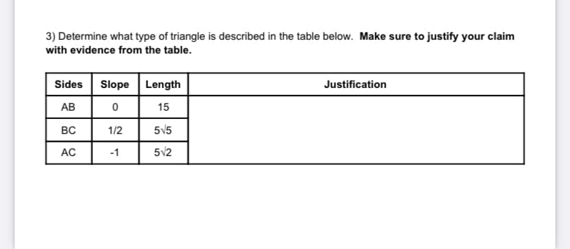3) Determine what type of triangle is described in the table below. Make sure to justify your claim
with evidence from the table.
Sides
Slope
Length
Justification
АВ
15
BC
1/2
5V5
AC
-1
5v2
