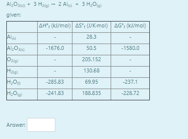 Al2Oa6s) + 3 Hzig) - 2 Al) + 3 H20(g)
given:
AH; (kJ/mol) AS; (J/K-mol) AG°; (kJ/mol)
Als
28.3
Al2O3)
-1676.0
50.5
-1580.0
Ozig)
205.152
Hzig)
130.68
-285.83
69.95
-237.1
-241.83
188.835
-228.72
Answer:
