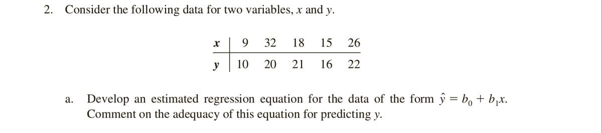 2. Consider the following data for two variables, x and y.
9
32
18
15
26
10
20
21
16
22
Develop an estimated regression equation for the data of the form ý = b, + b,x.
Comment on the adequacy of this equation for predicting y.
а.
