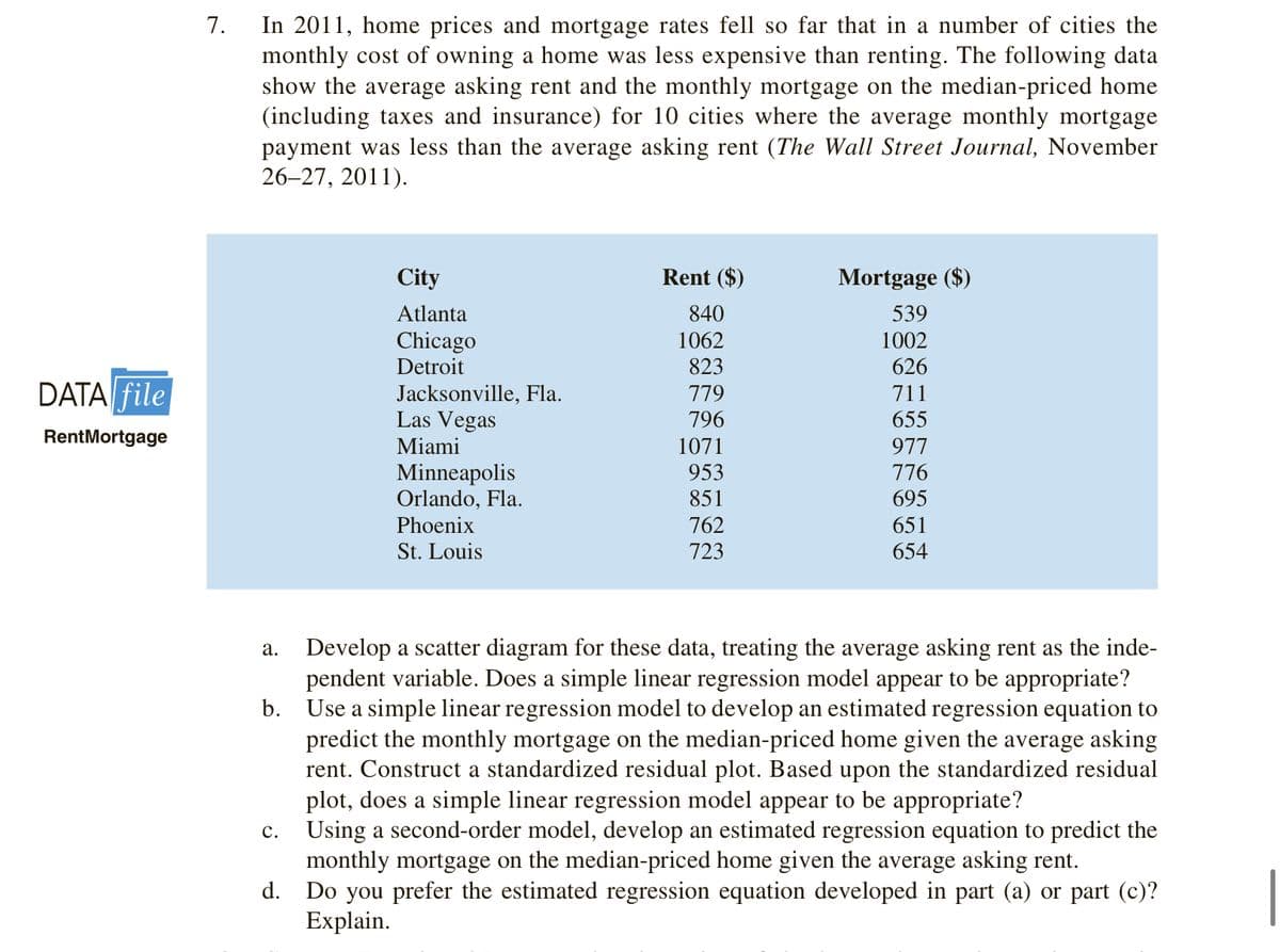 In 2011, home prices and mortgage rates fell so far that in a number of cities the
monthly cost of owning a home was less expensive than renting. The following data
show the average asking rent and the monthly mortgage on the median-priced home
(including taxes and insurance) for 10 cities where the average monthly mortgage
payment was less than the average asking rent (The Wall Street Journal, November
26–27, 2011).
7.
City
Rent ($)
Mortgage ($)
Atlanta
840
539
1062
1002
Chicago
Detroit
823
626
DATA file
Jacksonville, Fla.
Las Vegas
779
711
796
655
RentMortgage
1071
953
Miami
977
Minneapolis
Orlando, Fla.
776
851
695
762
651
654
Phoenix
St. Louis
723
Develop a scatter diagram for these data, treating the average asking rent as the inde-
pendent variable. Does a simple linear regression model appear to be appropriate?
b. Use a simple linear regression model to develop an estimated regression equation to
predict the monthly mortgage on the median-priced home given the average asking
rent. Construct a standardized residual plot. Based upon the standardized residual
plot, does a simple linear regression model appear to be appropriate?
Using a second-order model, develop an estimated regression equation to predict the
monthly mortgage on the median-priced home given the average asking rent.
d. Do you prefer the estimated regression equation developed in part (a) or part (c)?
Explain.
а.
с.
