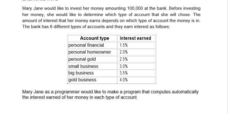 Mary Jane would like to invest her money amounting 100,000 at the bank. Before investing
her money, she would like to determine which type of account that she will chose. The
amount of interest that her money earns depends on which type of account the money is in.
The bank has 6 different types of accounts and they earn interest as follows:
Account type
Interest earned
personal financial
1.5%
personal homeowner
personal gold
small business
big business
2.0%
2.5%
3.0%
3.5%
gold business
4.0%
Mary Jane as a programmer would like to make a program that computes automatically
the interest earned of her money in each type of account.
