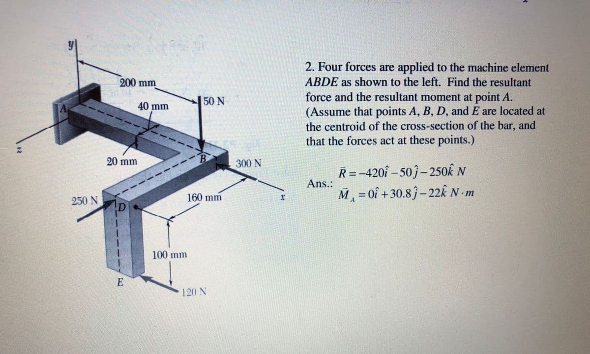 2. Four forces are applied to the machine element
ABDE as shown to the left. Find the resultant
200 mm
force and the resultant moment at point A.
(Assume that points A, B, D, and E are located at
the centroid of the cross-section of the bar, and
that the forces act at these points.)
50 N
40 mm
20 mm
B.
300 N
R =-420î – 50ĵ– 250k N
Ans.:
160 mm
M, =0î +30.8ĵ –22k N - m
250 N
D
A
100 mm
E
120 N
