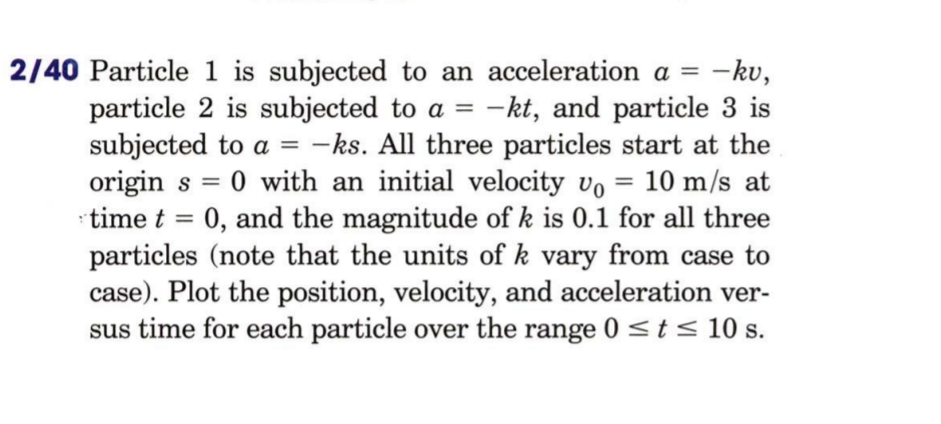 2/40 Particle 1 is subjected to an acceleration a = -kv,
particle 2 is subjected to a = -kt, and particle 3 is
subjected to a = -ks. All three particles start at the
origin s = 0 with an initial velocity vo
time t = 0, and the magnitude of k is 0.1 for all three
particles (note that the units of k vary from case to
case). Plot the position, velocity, and acceleration ver-
sus time for each particle over the range 0 st< 10 s.
%3D
= 10 m/s at
%3D
%3D
