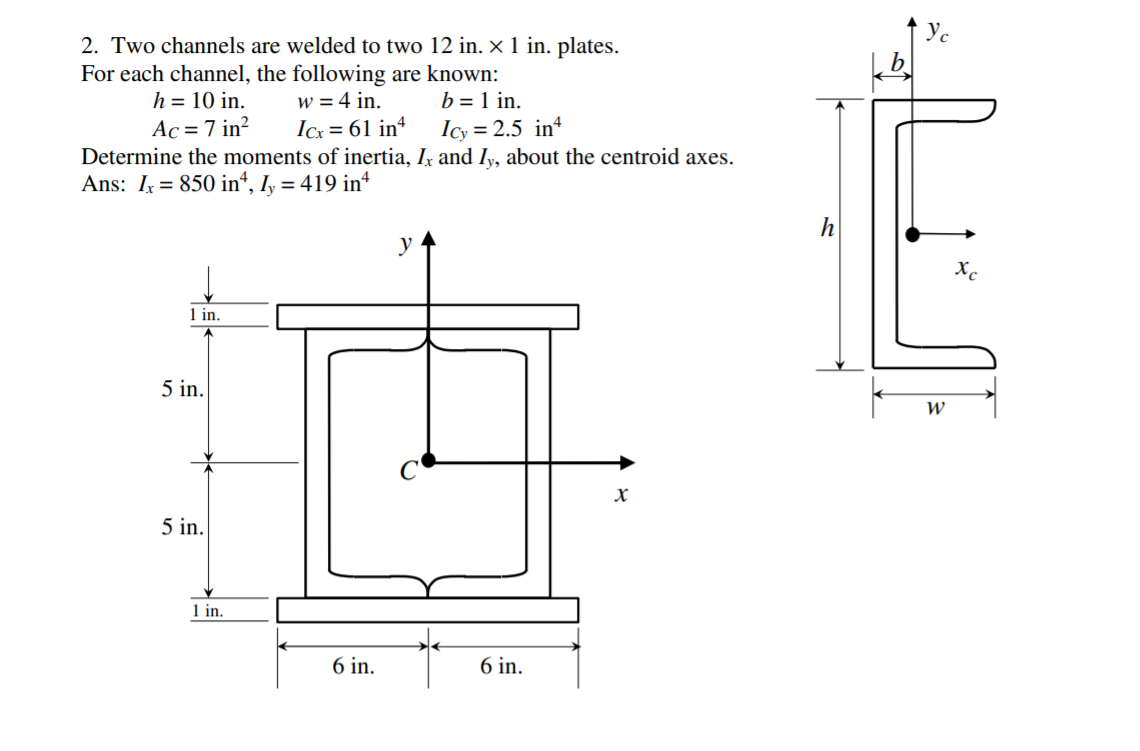 Ye
2. Two channels are welded to two 12 in. x 1 in. plates.
For each channel, the following are known:
w = 4 in.
Icx = 61 in*
Determine the moments of inertia, I, and Iy, about the centroid axes.
h = 10 in.
Ac = 7 in?
b = 1 in.
Icy = 2.5 in
Ans: I = 850 in“, I, = 419 in*
h
y
Xc
1 in.
5 in.
W
5 in.
1 in.
6 in.
6 in.
