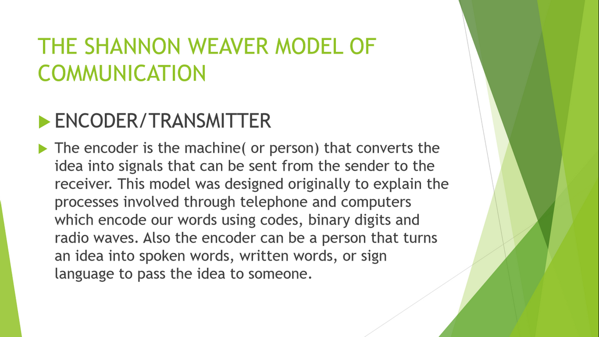 THE SHANNON WEAVER MODEL OF
COMMUNICATION
ENCODER/TRANSMITTER
The encoder is the machine( or person) that converts the
idea into signals that can be sent from the sender to the
receiver. This model was designed originally to explain the
processes involved through telephone and computers
which encode our words using codes, binary digits and
radio waves. Also the encoder can be a person that turns
an idea into spoken words, written words, or sign
language to pass the idea to someone.
