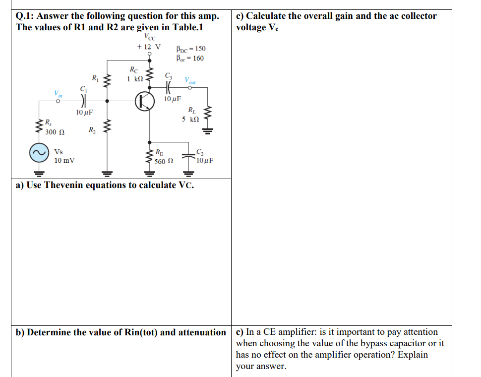 Q.1: Answer the following question for this amp.
The values of R1 and R2 are given in Table.1
Vcc
+12 V
Q
Bpc = 150
Bac=160
R₁
Vout
R₁
5 ΚΩ
R₂
300 Ω
10 μF
R₂
ww
Re
1 ΚΩ
C3
10 μF
WWII
Vs
RE
10 mV
560 Ω
a) Use Thevenin equations to calculate VC.
b) Determine the value of Rin(tot) and attenuation
-C₂
10 μF
c) Calculate the overall gain and the ac collector
voltage Ve
c) In a CE amplifier: is it important to pay attention
when choosing the value of the bypass capacitor or it
has no effect on the amplifier operation? Explain
your answer.