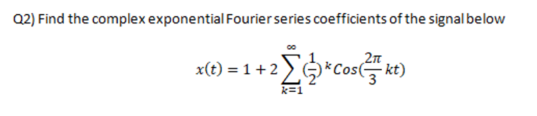 Q2) Find the complex exponential Fourier series coefficients of the signal below
00
x(t) = 1 + 2 Σ* Cos(²kt)
k=1