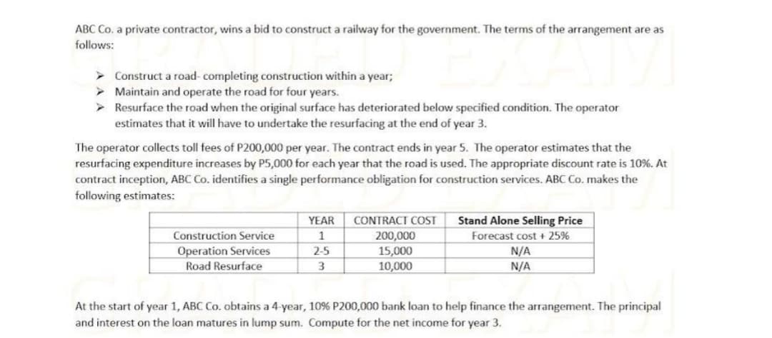 ABC Co. a private contractor, wins a bid to construct a railway for the government. The terms of the arrangement are as
follows:
> Construct a road- completing construction within a year;
> Maintain and operate the road for four years.
> Resurface the road when the original surface has deteriorated below specified condition. The operator
estimates that it will have to undertake the resurfacing at the end of year 3.
The operator collects toll fees of P200,000 per year. The contract ends in year 5. The operator estimates that the
resurfacing expenditure increases by P5,000 for each year that the road is used. The appropriate discount rate is 10%. At
contract inception, ABC Co. identifies a single performance obligation for construction services. ABC Co. makes the
following estimates:
YEAR
CONTRACT COST
Stand Alone Selling Price
Construction Service
1
200,000
Forecast cost + 25%
Operation Services
Road Resurface
N/A
N/A
2-5
15,000
10,000
At the start of year 1, ABC Co. obtains a 4-year, 10 % P200,000 bank loan to help finance the arrangement. The principal
and interest on the loan matures in lump sum. Compute for the net income for year 3.
