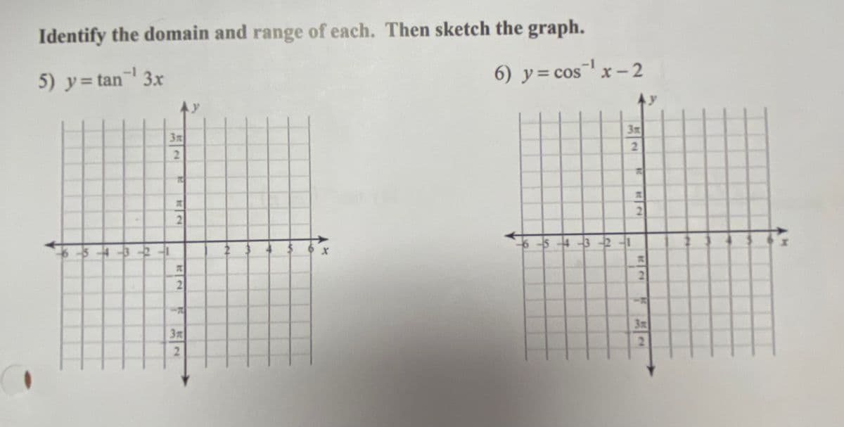 Identify the domain and range of each. Then sketch the graph.
5) y = tan¯¹ 3.x
6 5 4 3 2
3R
2
2
KN
2
T
3x
2
X
6) y = cos¯¹ x -2
3m
2
-6-5-4-3-2-1
2
2
K
3x
2