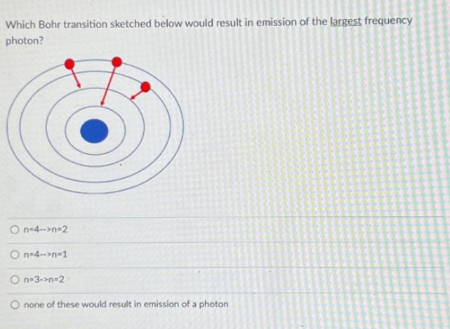 Which Bohr transition sketched below would result in emission of the largest frequency
photon?
On-4-->n=2
On-4-->n=1
On-3->n=2
O none of these would result in emission of a photon